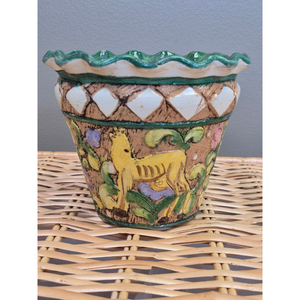 Meran Italy Vintage Ceramic Planter Hand Painted Horse Floral Scalloped Cachepot